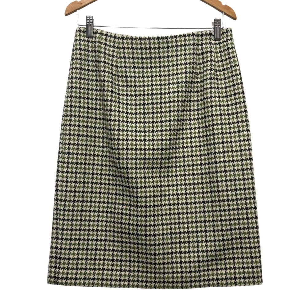 VTG Talbots Petites Skirt 8P Green Black Houndstooth Wool Blend Retro Preppy